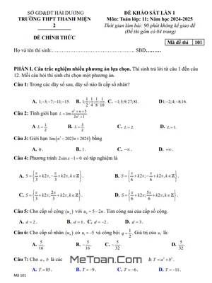 Đề khảo sát lần 1 Toán 11 năm 2024 - 2025 trường THPT Thanh Miện 2 - Hải Dương