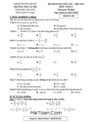 Đề thi giữa học kì 1 Toán 7 năm học 2025 - 2026 trường THCS Ái Mộ - Hà Nội