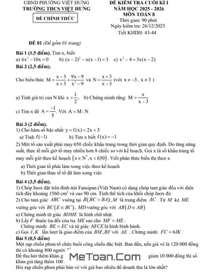 Đề thi cuối học kỳ 1 Toán 8 năm học 2025 – 2026 trường THCS Việt Hưng – Hà Nội