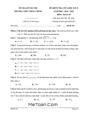 Đề Giữa Kỳ 2 Môn Toán 10 Năm Học 2024 – 2025 Trường THPT Nhân Chính – Hà Nội