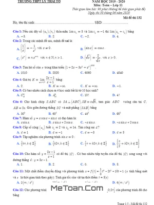 Đề kiểm tra chất lượng Toán 11 lần 2 năm 2019 - 2020 trường THPT Lý Thái Tổ - Bắc Ninh