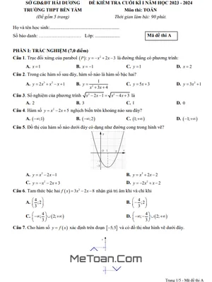 Đề Thi Cuối Kì 1 Toán 10 Năm 2023 - 2024 Trường THPT Bến Tắm - Hải Dương