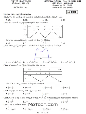 Đề thi học kỳ 1 Toán 12 năm 2021 - 2022 trường THPT Bảo Thắng 3 - Lào Cai (có lời giải)