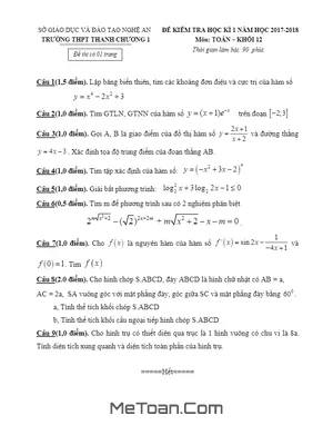 Đề thi học kỳ 1 Toán 12 năm 2017 - 2018 trường THPT Thanh Chương 1 - Nghệ An