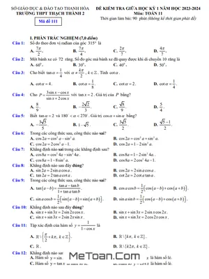 Đề giữa học kỳ 1 Toán 11 năm 2023 – 2024 trường THPT Thạch Thành 2 – Thanh Hóa
