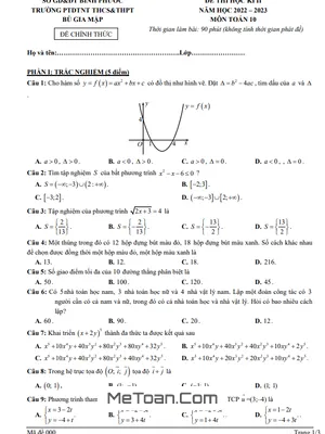 Đề thi học kì 2 Toán 10 năm 2022 - 2023 trường Bù Gia Mập - Bình Phước