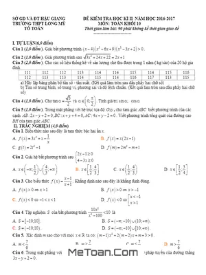 Đề thi HK2 Toán 10 năm 2016 - 2017 trường THPT Long Mỹ - Hậu Giang