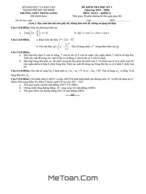 Đề thi HK1 Toán 11 năm 2019 - 2020 trường THPT Thăng Long - TP HCM