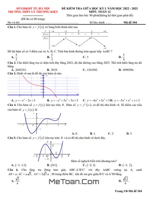 Đề giữa học kỳ 1 Toán 12 năm 2022 – 2023 trường THPT Lý Thường Kiệt – Hà Nội