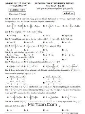 Đề kiểm tra cuối kỳ 2 Toán 12 năm 2022 – 2023 sở GD&ĐT Quảng Nam