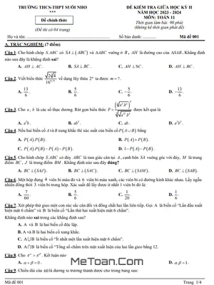 Đề thi giữa kỳ 2 Toán 11 năm 2023 - 2024 trường THCS - THPT Suối Nho - Đồng Nai