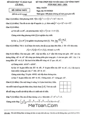 Đề chọn đội tuyển HSG cấp tỉnh Toán THPT năm 2023 - 2024 sở GD&ĐT Cà Mau
