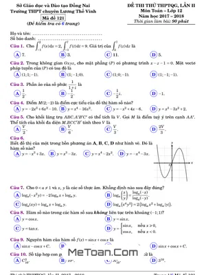 Đề Thi Thử Toán THPTQG 2018 Trường Chuyên Lương Thế Vinh - Đồng Nai Lần 2 (Có Đáp Án)
