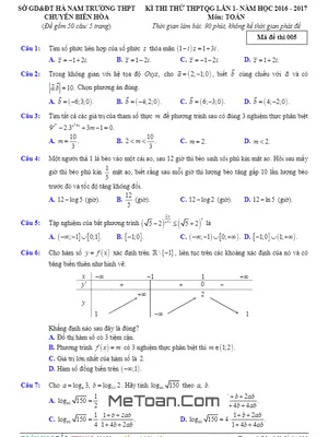 Đề thi thử THPT Quốc gia môn Toán trường THPT chuyên Biên Hòa - Hà Nam lần 1 năm 2017