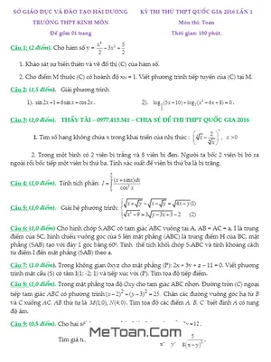 Đề thi thử THPT Quốc gia 2016 môn Toán trường Kinh Môn - Hải Dương (lần 1) có đáp án