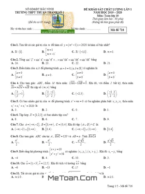Đề khảo sát Toán 10 lần 1 năm 2019 – 2020 trường Thuận Thành 1 – Bắc Ninh
