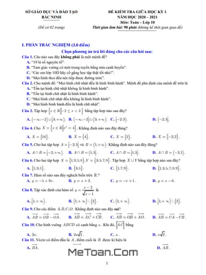 Đề kiểm tra giữa học kỳ 1 Toán 10 năm 2020 - 2021 sở GD&ĐT Bắc Ninh