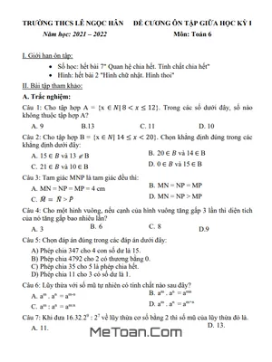 Đề Cương Ôn Tập Giữa Kì 1 Môn Toán Lớp 6 Năm 2021 - 2022 Trường THCS Lê Ngọc Hân - Hà Nội