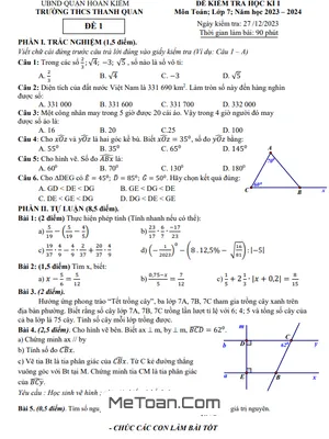 Đề thi học kì 1 Toán 7 năm 2023 - 2024 trường THCS Thanh Quan - Hà Nội