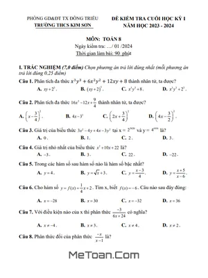 Đề thi học kì 1 Toán 8 năm 2023 - 2024 trường THCS Kim Sơn - Quảng Ninh có đáp án