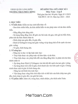 Đề Thi Giữa Kì 1 Toán 8 Năm 2023 - 2024 Trường THCS Phúc Đồng - Hà Nội