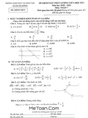Đề Kiểm Tra Chất Lượng Giữa Kì 1 Toán 7 Năm 2020 - 2021 Phòng GD&ĐT Hà Đông - Hà Nội