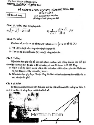 Đề thi cuối kỳ 1 Toán 9 năm 2020 - 2021 phòng GD&ĐT Quận 4 - TP HCM
