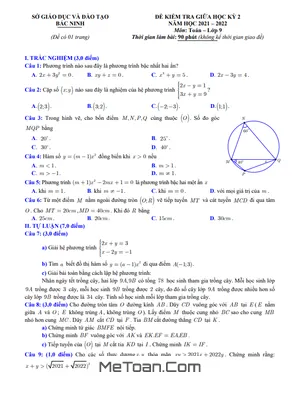 Đề kiểm tra giữa học kỳ 2 Toán 9 năm 2021 - 2022 sở GD&ĐT Bắc Ninh