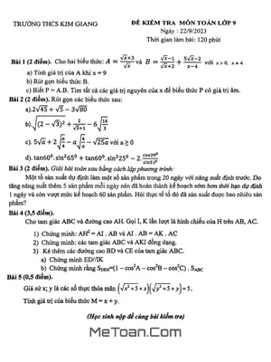 Đề Kiểm Tra Toán 9 Năm 2023 - 2024 Trường THCS Kim Giang - Hà Nội