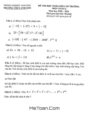 Đề thi HSG Toán 6 năm 2020 - 2021 trường THCS Anh Sơn - Nghệ An