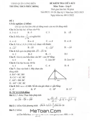 Đề thi giữa kì 1 Toán 9 năm 2022 - 2023 trường THCS Phúc Đồng - Hà Nội