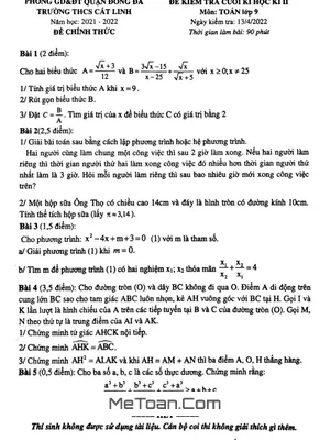 Đề thi học kì 2 Toán 9 năm 2021-2022 trường THCS Cát Linh - Hà Nội