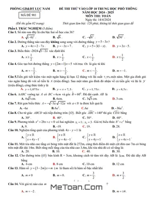 Đề thi thử Toán vào lớp 10 lần 3 năm 2024 - 2025 phòng GD&ĐT Lục Nam - Bắc Giang