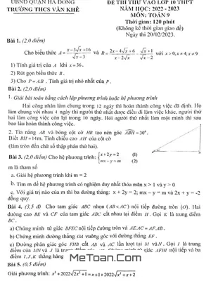 Đề thi thử Toán vào lớp 10 năm 2023 trường THCS Văn Khê – Hà Nội