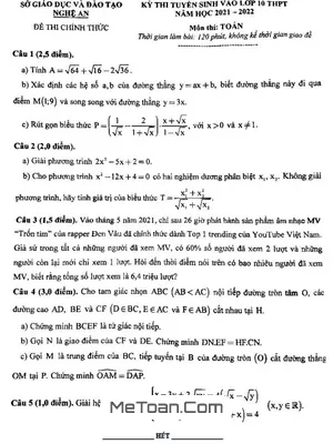 Đề thi tuyển sinh lớp 10 môn Toán Nghệ An năm 2021 - 2022
