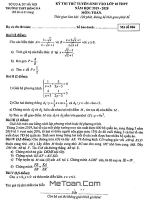 Đề thi thử Toán tuyển sinh lớp 10 năm 2019 - 2020 trường Hồng Hà - Hà Nội