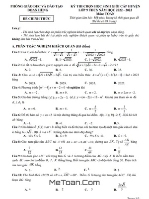 Đề HSG Toán 9 cấp huyện năm 2022 – 2023 phòng GD&ĐT Đoan Hùng – Phú Thọ
