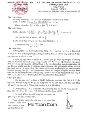 Đề thi chọn HSG Toán 9 cấp tỉnh năm 2018 - 2019 Sở GD&ĐT Đồng Tháp