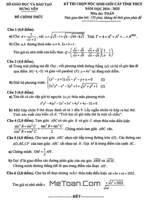 Đề thi chọn học sinh giỏi tỉnh Toán THCS năm 2024 - 2025 sở GD&ĐT Hưng Yên