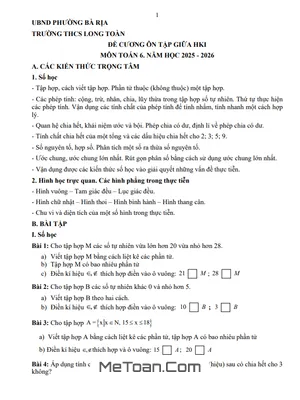 Đề Cương Ôn Tập Giữa Học Kỳ 1 Môn Toán Lớp 6 Năm Học 2025 - 2026 Trường THCS Long Toàn, TP.HCM