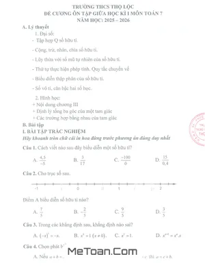 Đề cương ôn tập giữa kì 1 Toán 7 năm 2025 – 2026 THCS Thọ Lộc, Hà Nội