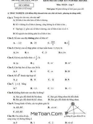 Đề Thi Giữa Kỳ 1 Môn Toán Lớp 7 Năm Học 2025 - 2026 Trường THCS Quế Thuận (Kèm Đáp Án)