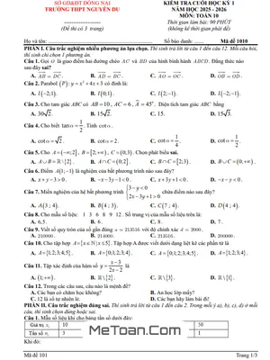 Đề thi cuối học kỳ 1 Toán 10 năm 2025 – 2026 trường THPT Nguyễn Du – Đồng Nai