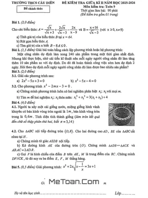 Đề thi Giữa kì 2 Toán 9 năm học 2025 – 2026 trường THCS Cầu Diễn – Hà Nội