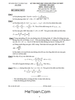 Đề thi HSG cấp tỉnh Toán 11 năm 2014 - 2015 sở GD&ĐT Hà Tĩnh