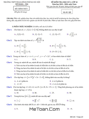 Đề thi học kỳ 1 Toán 10 năm 2019 - 2020 trường THPT Phan Đình Phùng - Hà Nội