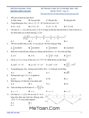 Đề KSCL học kỳ 1 Toán 12 năm 2020 - 2021 trường chuyên Đại học Vinh - Nghệ An