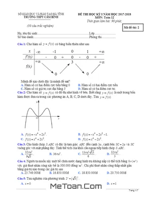 Đề thi học kỳ I Toán 12 năm học 2017 - 2018 trường THPT Cẩm Bình - Hà Tĩnh có đáp án