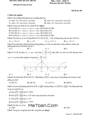 Đề giữa HK1 Toán 11 năm 2023 - 2024 trường THPT Quang Trung - Hải Dương