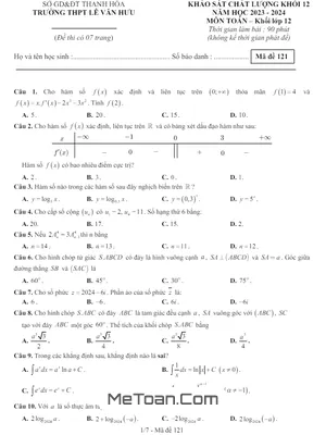 Đề khảo sát Toán 12 năm 2023 - 2024 trường THPT Lê Văn Hưu - Thanh Hóa